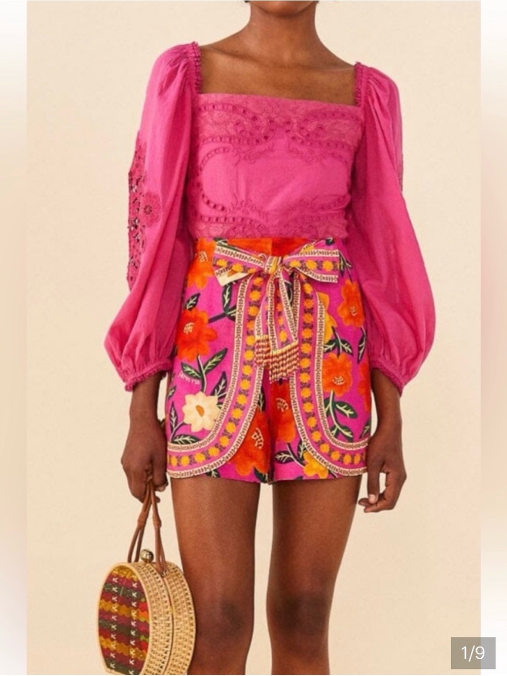 Farm Rio Women’s Pink Embroidered Floral High-Waist Shorts Size Large